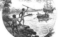 Aborigines resisting the arrival of Captain Cook