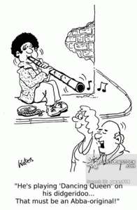 Cartoon of an Aboriginal playing the didgeridoo