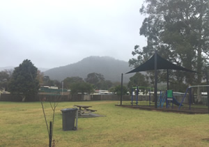 Photo of park with mountain in background